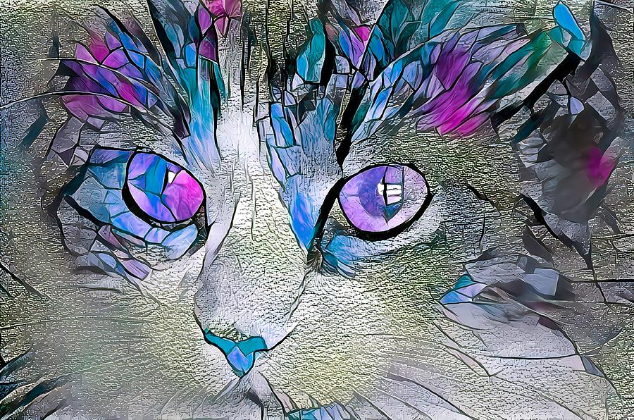 Stained Glass Cat Portrait Purple and Blue Digital Art by Don Northup