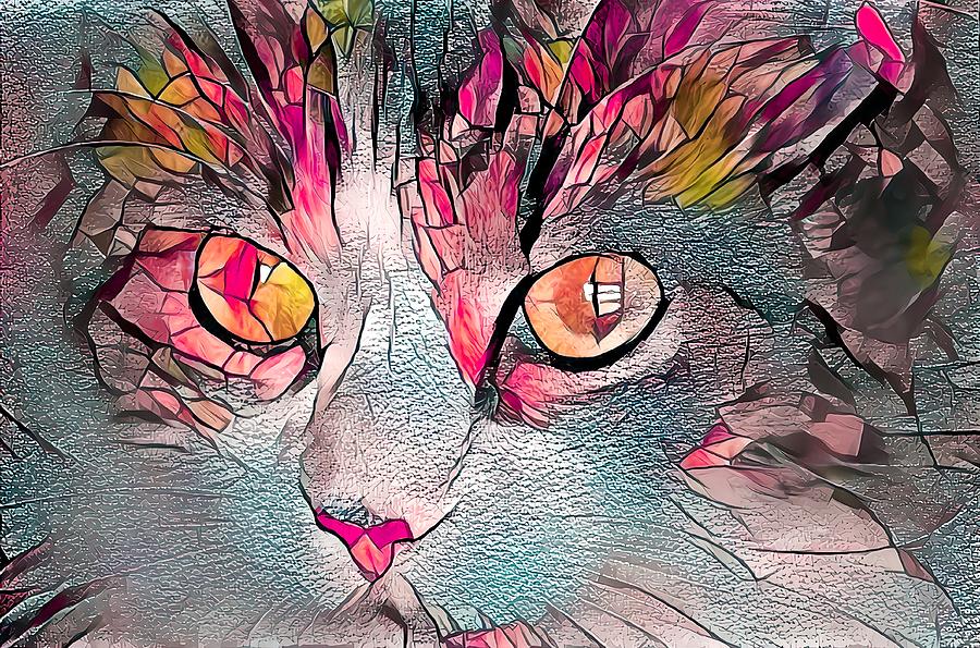 Stained Glass Cat Portrait Reddish Orange Digital Art by Don Northup