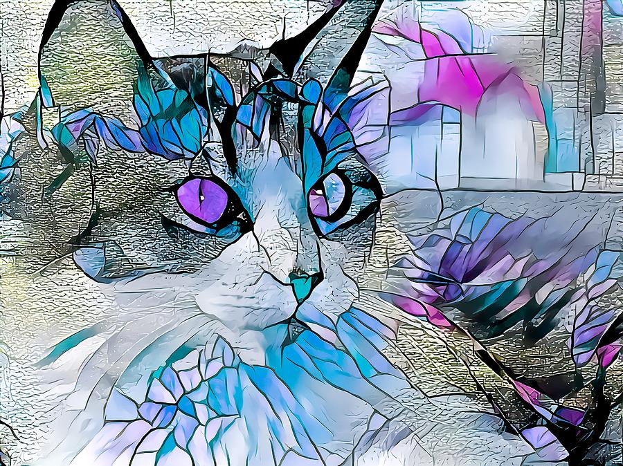 Stained Glass Cat Profile Blue Digital Art by Don Northup