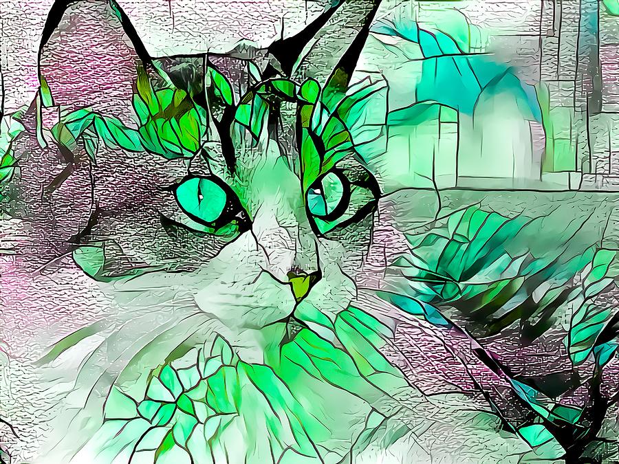 Stained Glass Cat Profile Green Digital Art by Don Northup