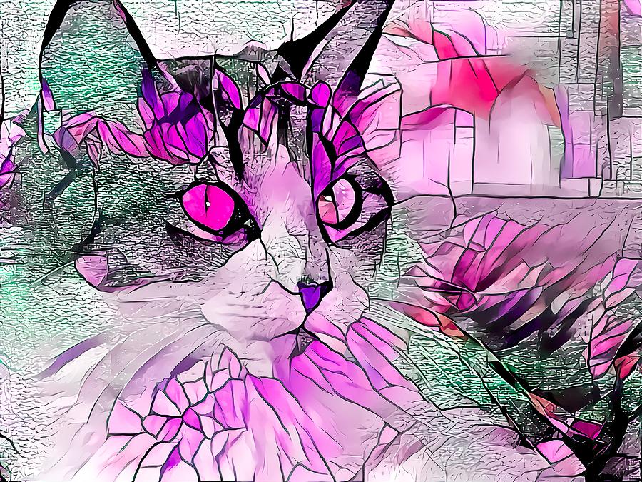 Stained Glass Cat Profile Purple Digital Art by Don Northup