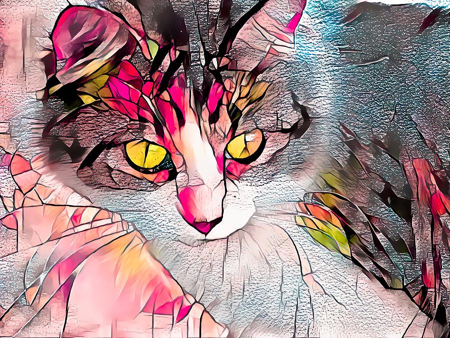 Stained Glass Cat Stare Golden Eyes Digital Art by Don Northup
