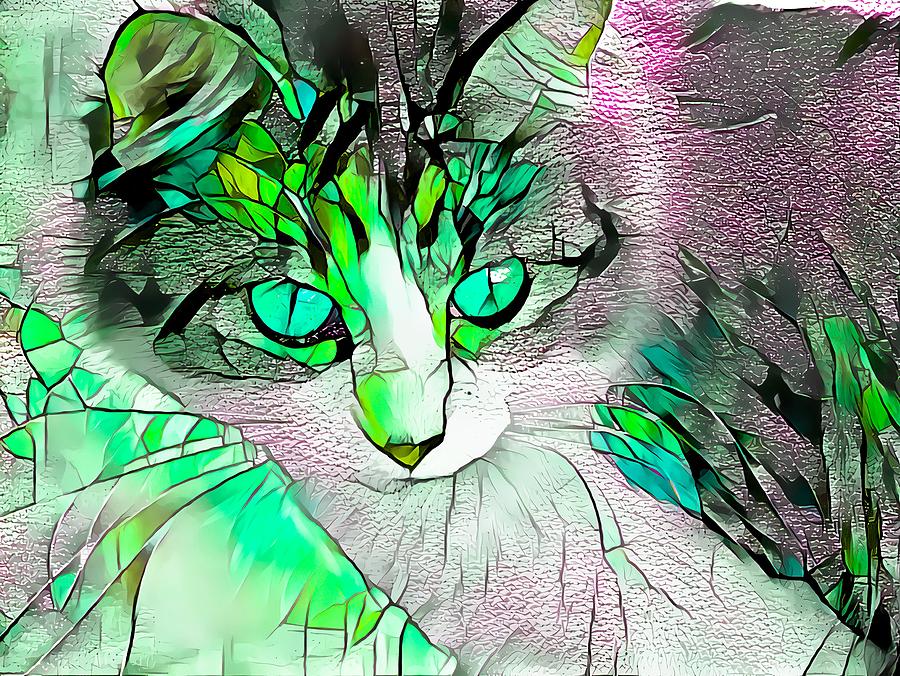 Stained Glass Cat Stare Green Eyes Digital Art by Don Northup