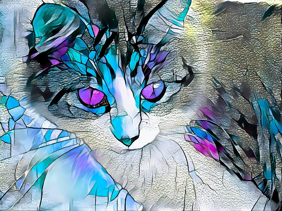 Stained Glass Cat Stare Purple Eyes Digital Art by Don Northup
