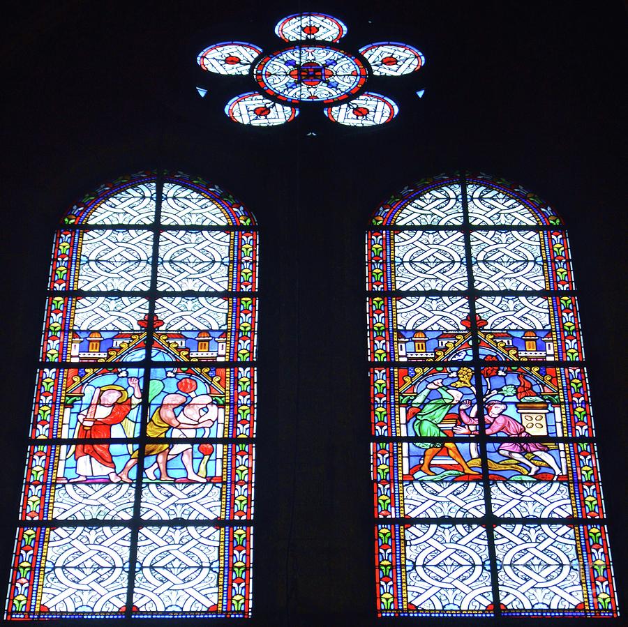 Paris Photograph - Double Stained Glass Window From Jean L Baptiste Church, Paris by Marcus Dagan