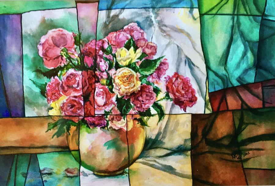 Stained Glass Roses Painting by Kathy Hauge