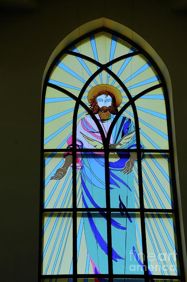 Stained glass window with Jesus art Catholic Christian church Batumi Georgia Photograph by Imran Ahmed