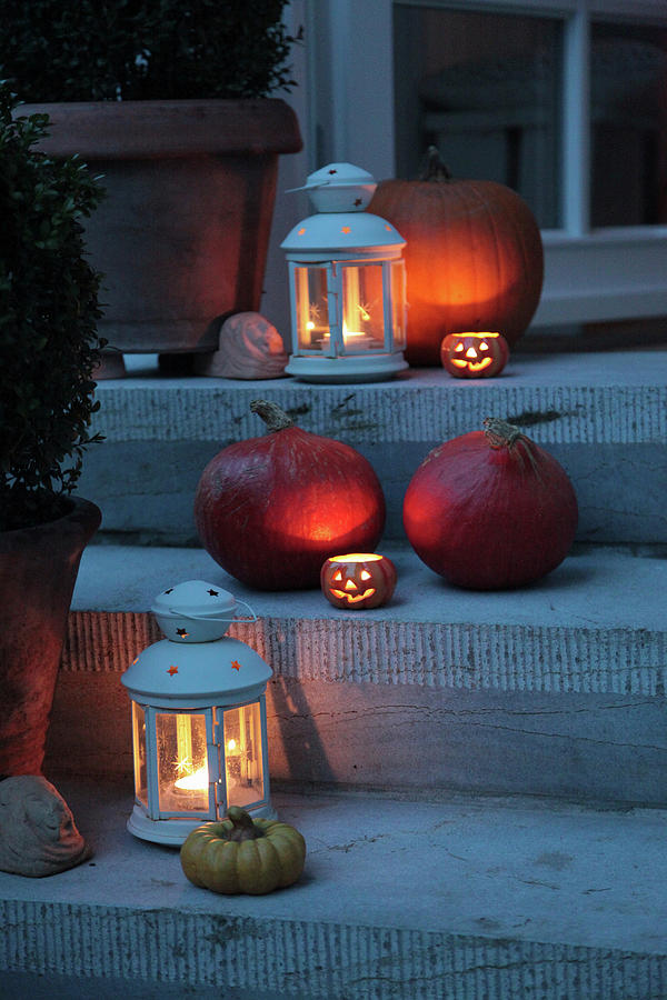 Staircase Decorated In Autumn With Lanterns And Pumpkins Photograph by Sonja Zelano