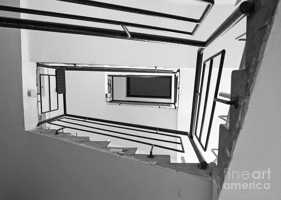 Architecture Photograph - Staircase in an old Bauhaus Residential building, black and whit by Rita Kapitulski