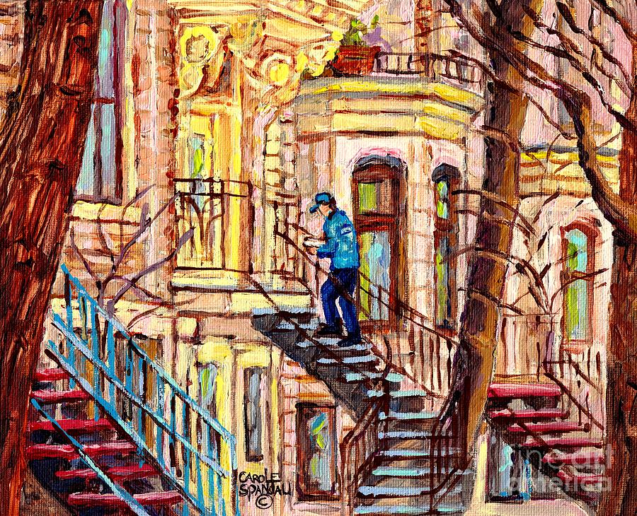 Montreal Painting - Staircase Street Scene Montreal Winding Staircases C Spandau The Mailman Plateau To Verdun Steps Art by Carole Spandau