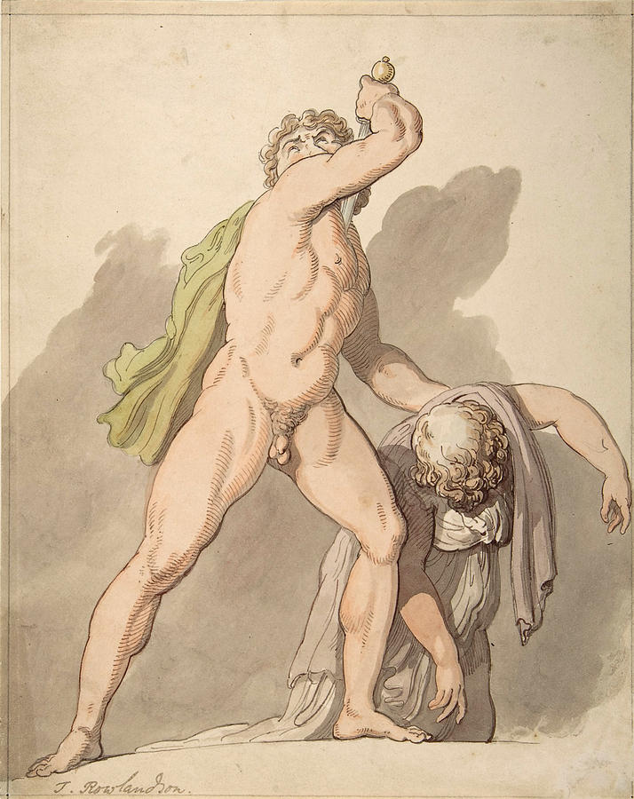 Standing Nude Man Supporting Fainting Female. Ludovisi Gaul in the Uffizi Painting by Thomas Rowlandson