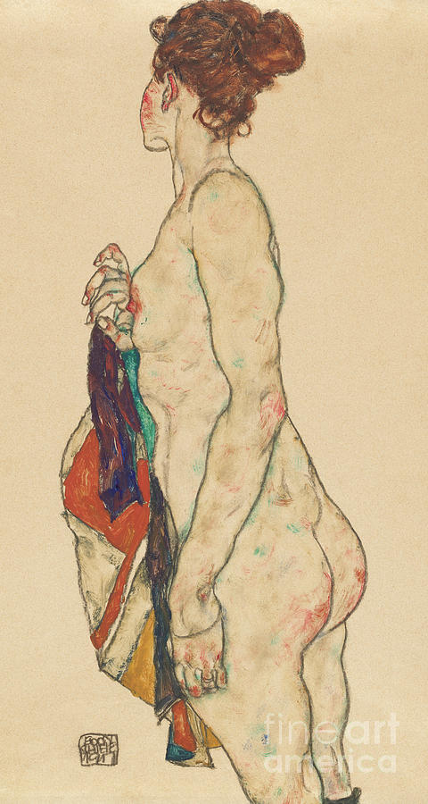 Egon Schiele Painting - Standing Nude with a Patterned Robe, 1917  by Egon Schiele