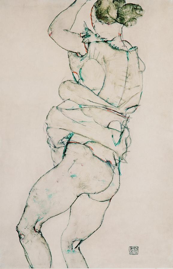Standing semi-nude with raised left arm,1914. . Drawing by Egon Schiele -1890-1918-