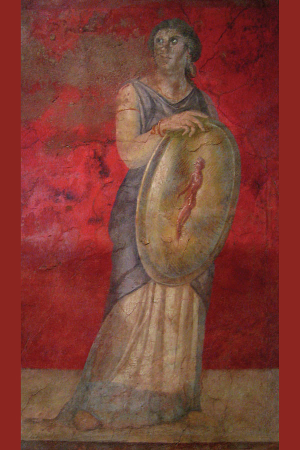 Standing woman holding a shield Painting by Unknown