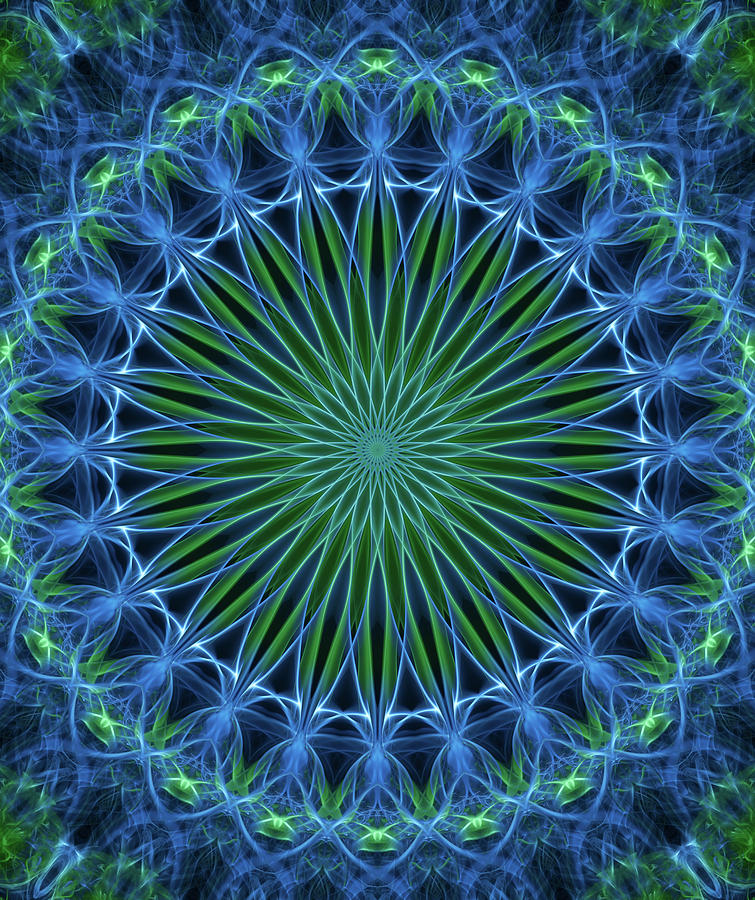 Star mandala in neon blue and green colors Digital Art by Jaroslaw Blaminsky