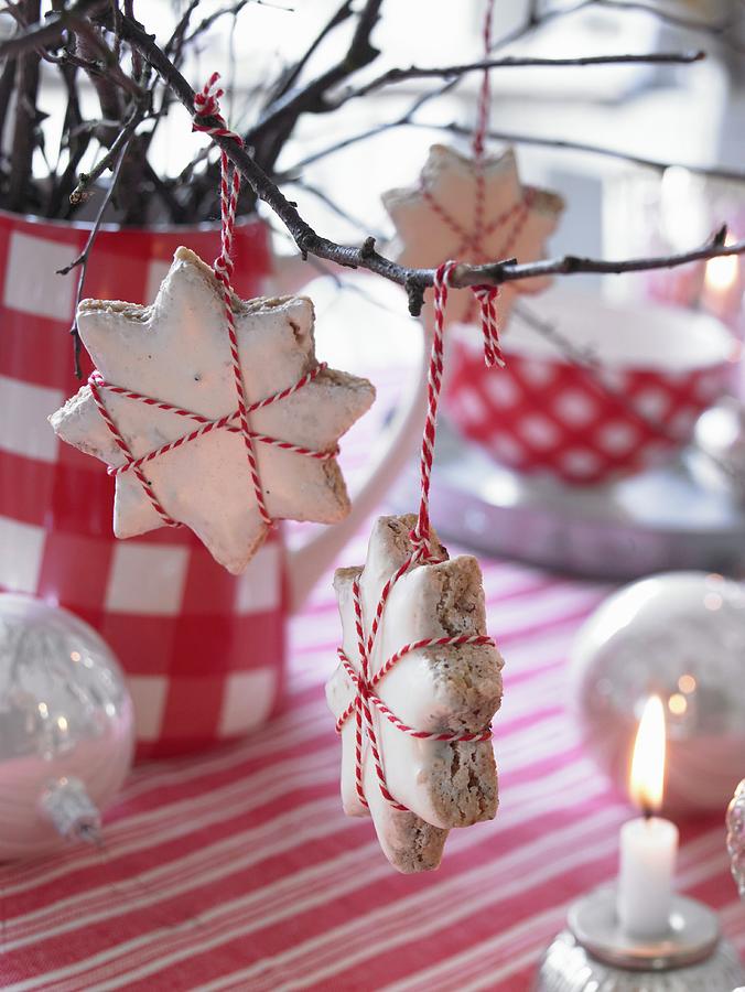 Star-shaped Cinnamon Biscuits Hanging From Twig As Christmas Decorations Photograph by Jalag / Olaf Szczepaniak