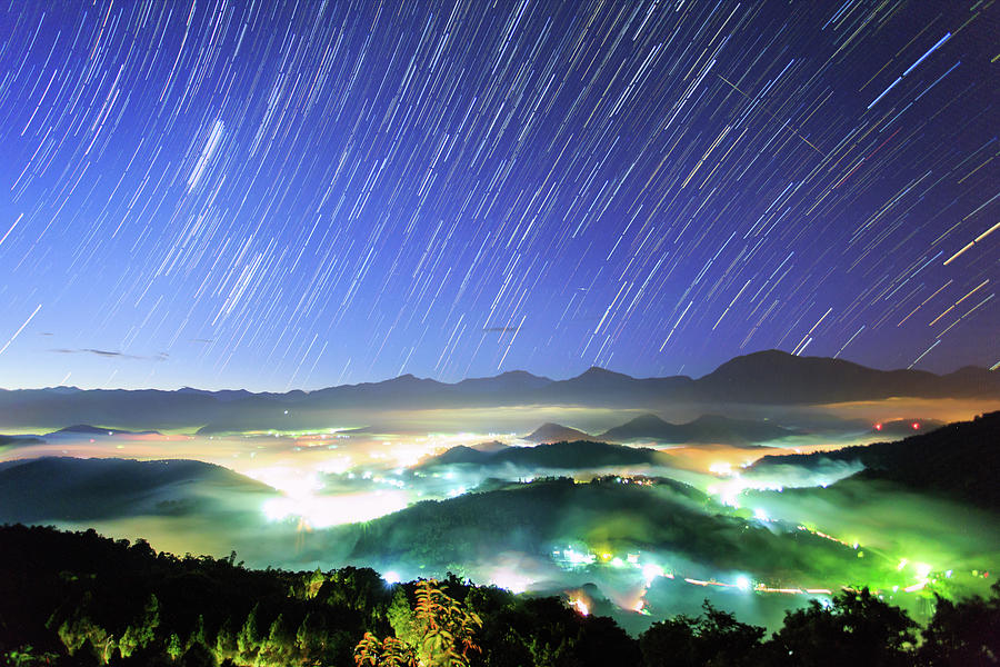 Star Trails And Misty Valley Before Sun Photograph by Samyaoo
