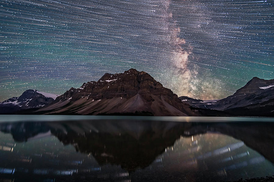 Star Trails Over Bow Lake In Banff Photograph by Alan Dyer