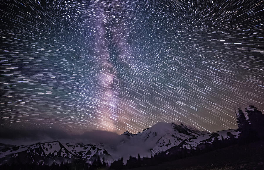 Star Trails over Mt. Rainier Photograph by Joe Kopp