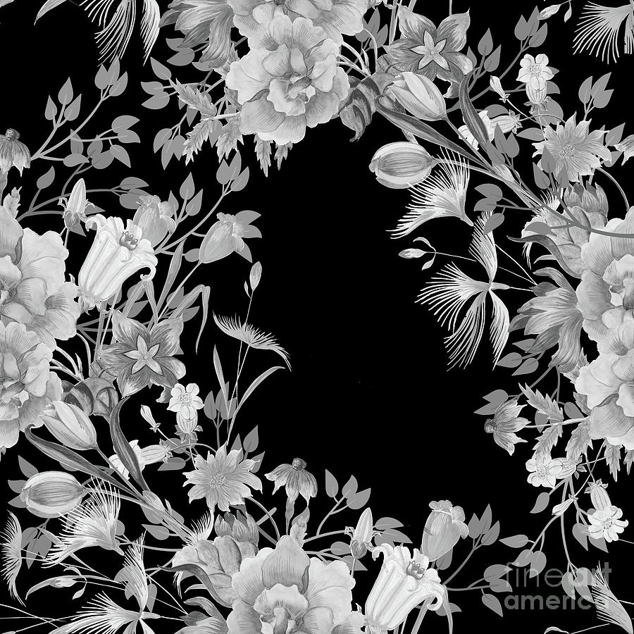Stardust Black and White Floral Motif  Digital Art by Sharon Mau