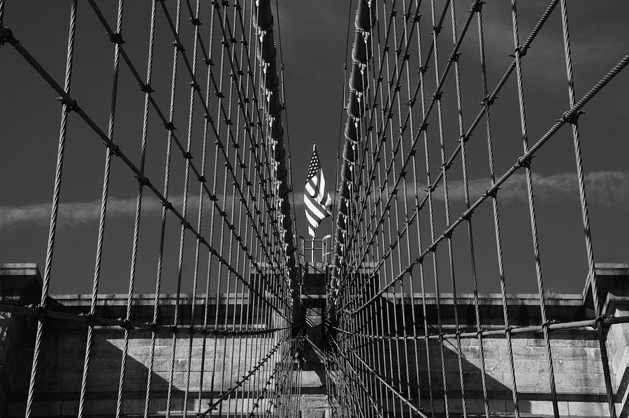 Stars and Stripes Between Cables on the Brooklyn Bridge in Monochrome Photograph by Mark Hunter