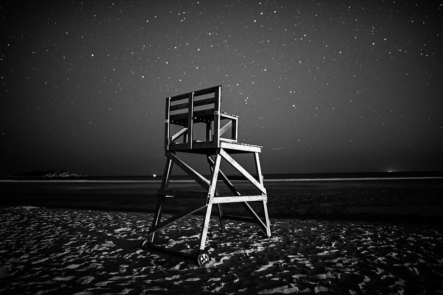 Stars over Good Harbor Beach Lifeguard Chair Gloucester MA Black and White Photograph by Toby McGuire