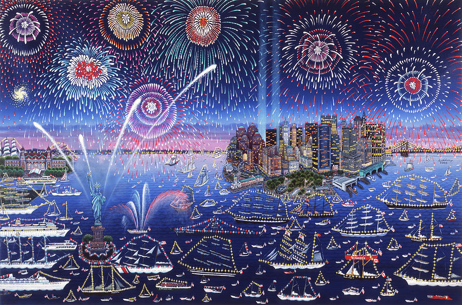 Independence Day Painting - Statue Of Liberty Fireworks by Kathy Jakobsen