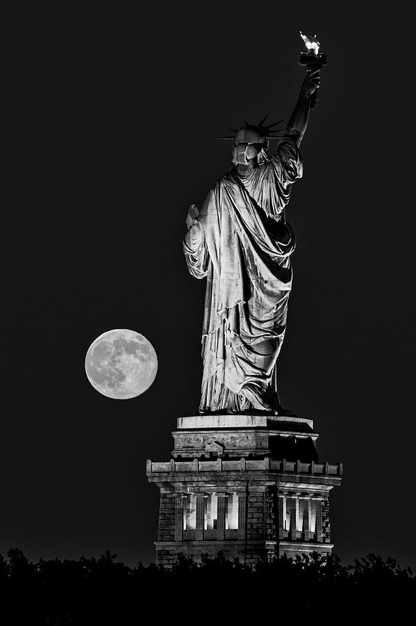 Statue Of Liberty Moon Rise BW Photograph by Susan Candelario