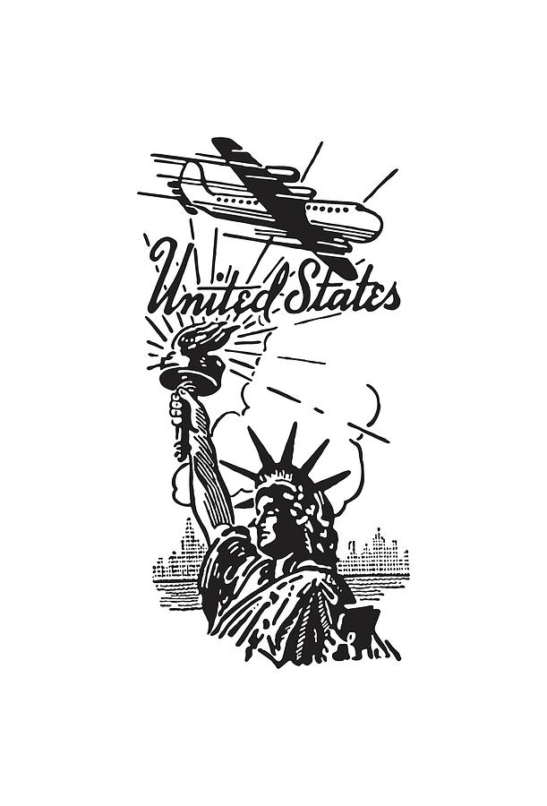 Black And White Drawing - Statue of Liberty United States Airplane by CSA Images