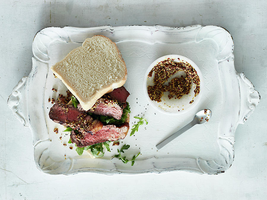Bread Digital Art - Steak Sandwich With Mustard On Tray by Debby Lewis-harrison