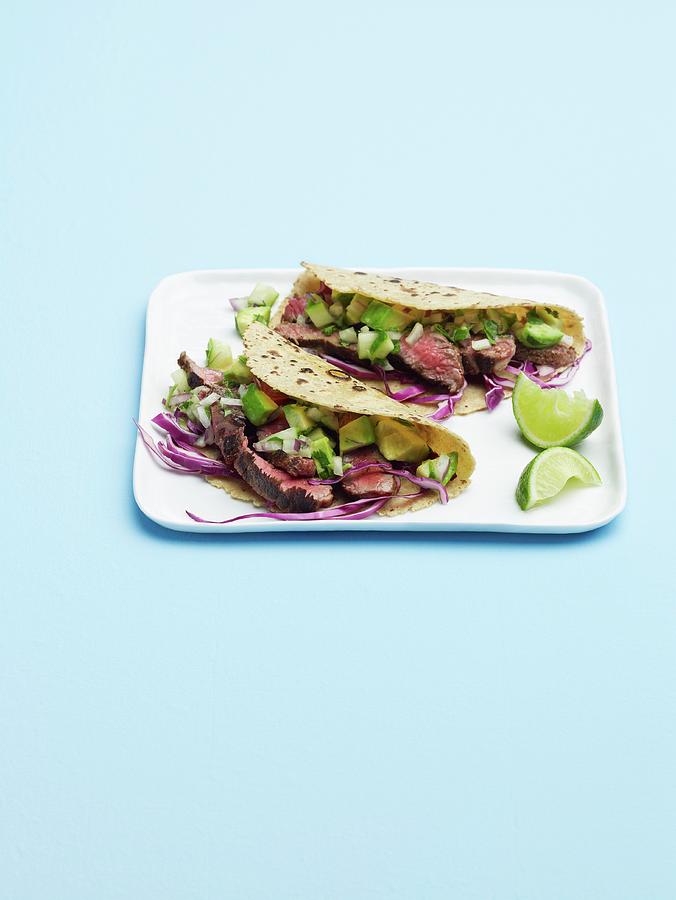 Vegetable Photograph - Steak Tacos With Avocado And Cucumber by Comet, Rene