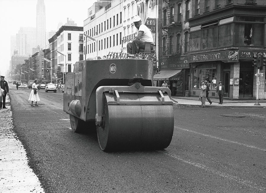 Steam Roller On Street, B&w Photograph by George Marks