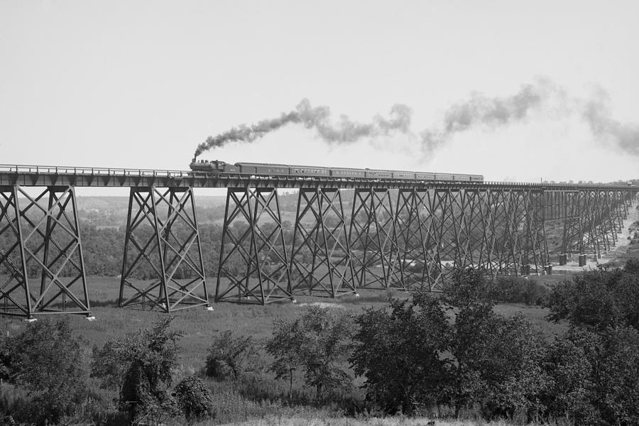Chicago Painting - Steam Train passes over Valley Trestle Bridge by 