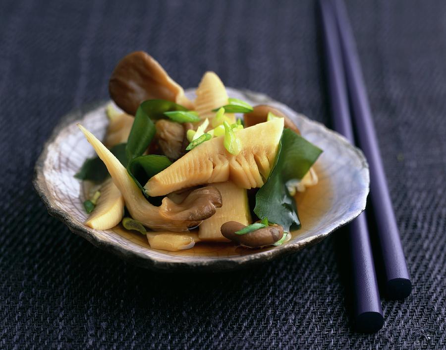 Steamed Bamboo Shoots With Seaweed And Pleurotus Mushrooms Photograph by Nicol