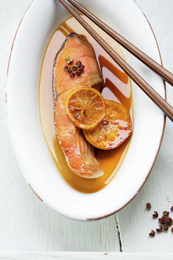 Steamed Salmon With Soy Sauce And Yuzu Photograph by Martina Schindler