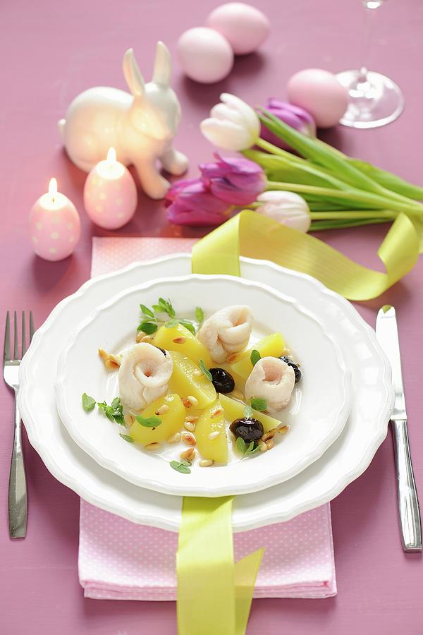 Steamed Zander Rolls With Potatoes, Olives And Pine Nuts For Easter Photograph by Antje Plewinski
