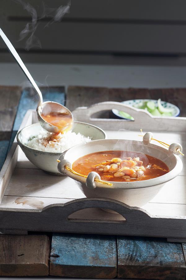 Steaming Bean Soup With Chicken On A Tray Photograph by Danny Lerner