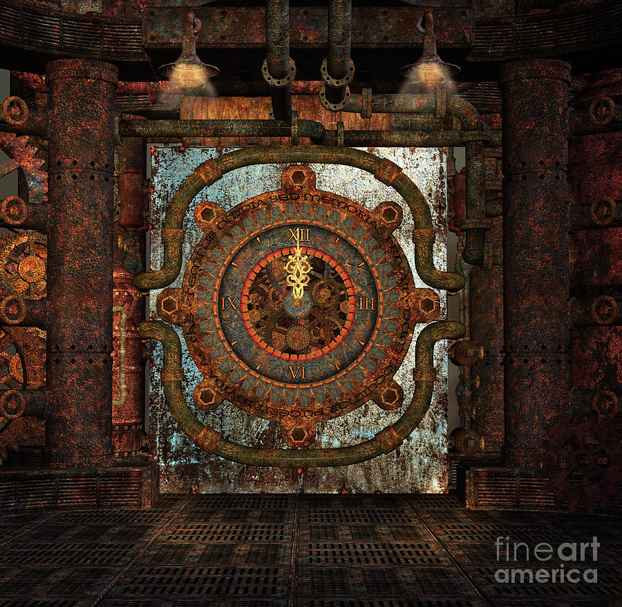 Steampunk big clock with golden hands Digital Art by EllerslieArt