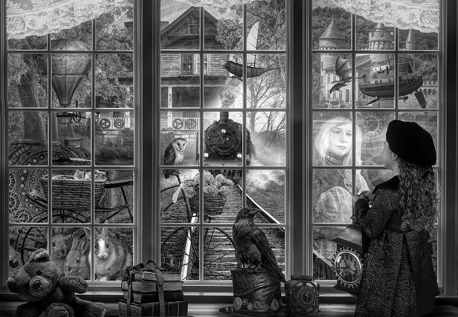 Steampunk Dreams in Black and White Digital Art by Debra and Dave Vanderlaan