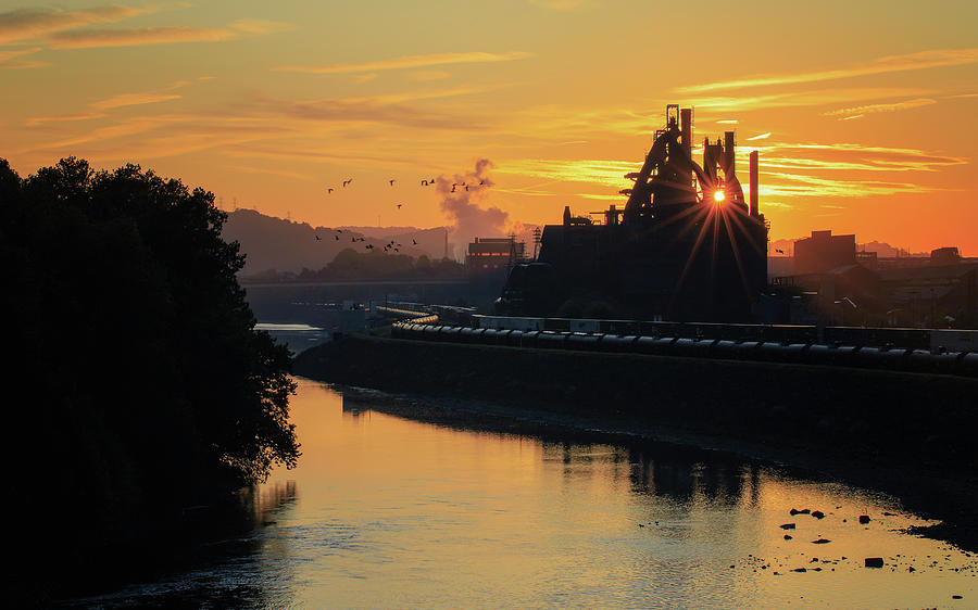 Fall Photograph - Steel Stacks Sunrise by Tejus Shah