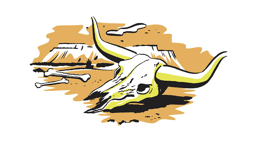 Vintage Drawing - Steer Skull in the Desert by CSA Images