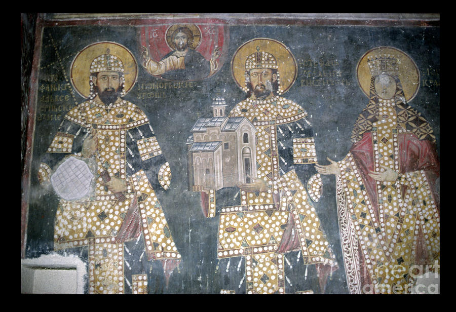 Slavonic Painting - Stefan Milutin, Stefan Dragutin And Katelina, Late 13th Century by Serbian School
