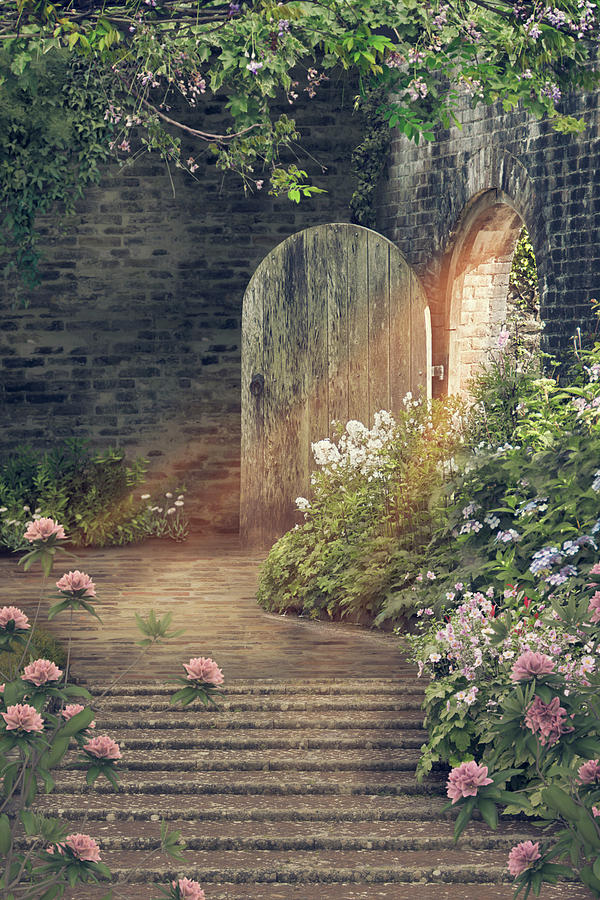 Steps Leading Though Old Floral Cottage Garden With Sunlight Old Door   Photograph by Ethiriel Photography