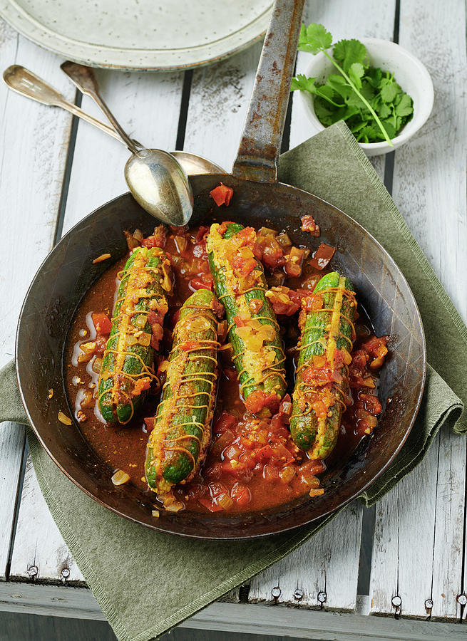 Stewed Cucumbers Filled With Couscous In A Rustic Pan Photograph by Stefan Schulte-ladbeck