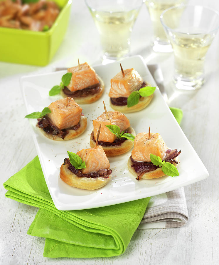 Stewed Red Onion And Salmon Cube Flaky Pastry Appetizers Photograph by Bertram