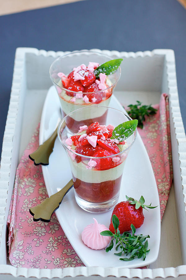 Stewed Rhubarb Basil Cream Strawberry And Crushed Meringue Individual Desserts Photograph By 2798