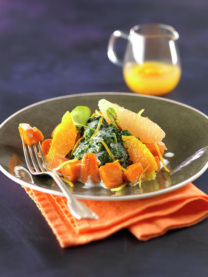 Stewed Sweet Potatoes With Citrus Fruit,crushed Spinach And Cream Photograph by Rivire