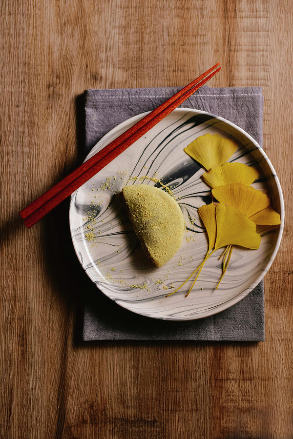 Sticky Rice Cake On A Plate Decorated With Gingko Leaves asia Photograph by Yijun Chen