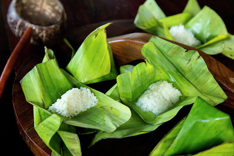 Sticky Rice On Banana Leaf Is A Traditional Thai Street Food Sweet ...