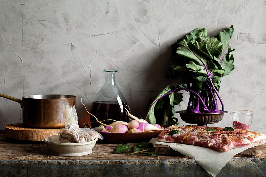 Still Lfie Witwh Bacon, Turnips And Wine Photograph by Leo Gong